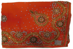 Orange Designer Wedding Partywear Georgette Hand Embroidery Cutdana Stone Beads Work Kolkata Saree Sari E359