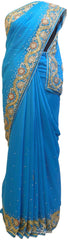 Blue Designer Wedding Partywear Georgette Hand Embroidery Cutdana Stone Beads Work Kolkata Saree Sari E360