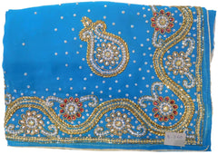 Blue Designer Wedding Partywear Georgette Hand Embroidery Cutdana Stone Beads Work Kolkata Saree Sari E360