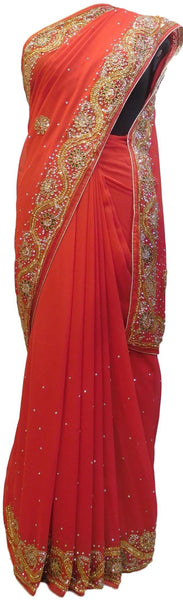 Red Designer Wedding Partywear Georgette Hand Embroidery Cutdana Stone Beads Work Kolkata Saree Sari E361