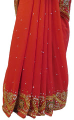 Red Designer Wedding Partywear Georgette Hand Embroidery Cutdana Stone Beads Work Kolkata Saree Sari E361
