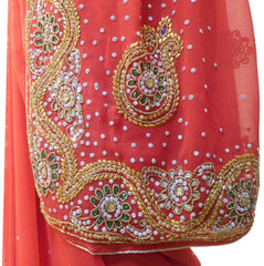 Red Designer Wedding Partywear Georgette Hand Embroidery Cutdana Stone Beads Work Kolkata Saree Sari E361