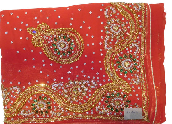 Red Designer Wedding Partywear Georgette Hand Embroidery Cutdana Stone Beads Work Kolkata Saree Sari E361