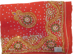 Red Designer Wedding Partywear Georgette Hand Embroidery Cutdana Stone Beads Work Kolkata Saree Sari E361
