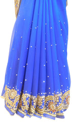 Blue Designer Wedding Partywear Georgette Hand Embroidery Cutdana Stone Beads Work Kolkata Saree Sari E362