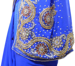 Blue Designer Wedding Partywear Georgette Hand Embroidery Cutdana Stone Beads Work Kolkata Saree Sari E362