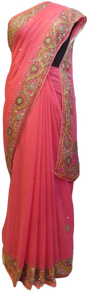 Pink Designer Wedding Partywear Georgette Hand Embroidery Cutdana Stone Beads Work Kolkata Saree Sari E363