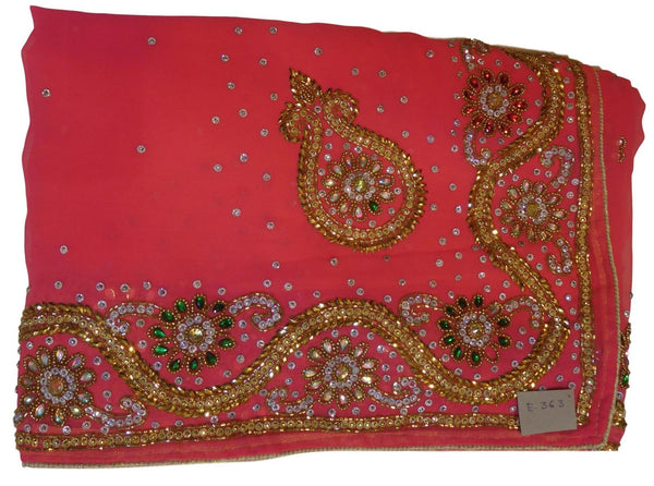 Pink Designer Wedding Partywear Georgette Hand Embroidery Cutdana Stone Beads Work Kolkata Saree Sari E363