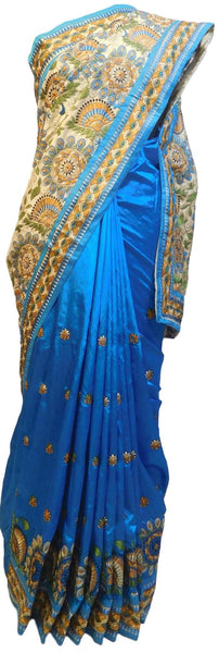 Cream & Blue Designer Party Wear Silk Hand Embroidery Thread Work Saree Sari E364