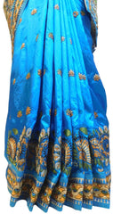 Cream & Blue Designer Party Wear Silk Hand Embroidery Thread Work Saree Sari E364