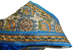 Cream & Blue Designer Party Wear Silk Hand Embroidery Thread Work Saree Sari E364