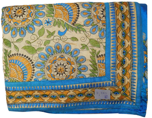 Cream & Blue Designer Party Wear Silk Hand Embroidery Thread Work Saree Sari E364
