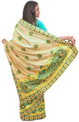Cream & Yellow Designer Party Wear Silk Hand Embroidery Thread Work Saree Sari PSE366
