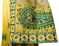 Cream & Yellow Designer Party Wear Silk Hand Embroidery Thread Work Saree Sari E366