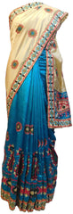 Cream & Blue Designer Party Wear Silk Hand Embroidery Thread Work Saree Sari E367
