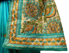 Cream & Turquoise Designer Party Wear Silk Hand Embroidery Thread Work Saree Sari E368
