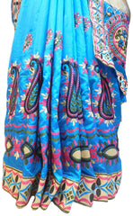 Cream & Blue Designer Party Wear Silk Hand Embroidery Thread Work Saree Sari E369