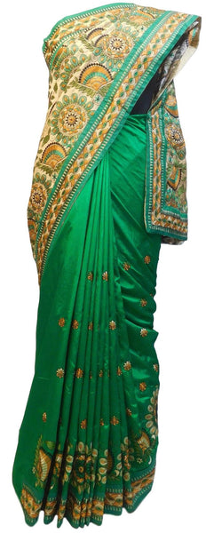 Cream & Green Designer Party Wear Silk Hand Embroidery Thread Work Saree Sari E370