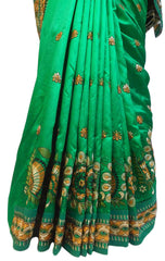 Cream & Green Designer Party Wear Silk Hand Embroidery Thread Work Saree Sari E370