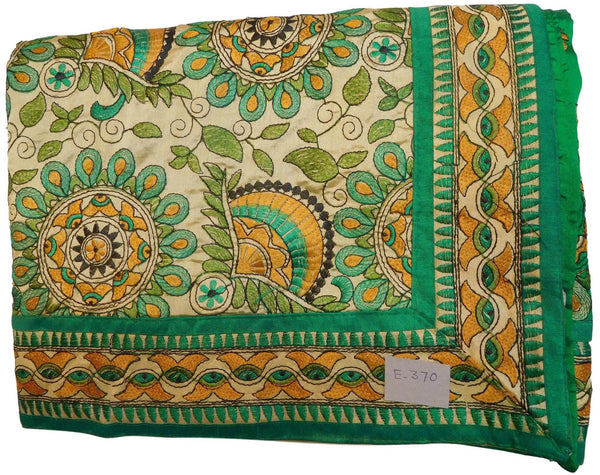 Cream & Green Designer Party Wear Silk Hand Embroidery Thread Work Saree Sari E370