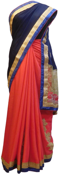 Blue & Red Designer PartyWear Bridal Crepe (Chinon) Beads Zari Thread Stone Pearl Hand Embroidery Work Wedding Saree Sari E374