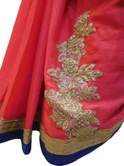 Blue & Red Designer PartyWear Bridal Crepe (Chinon) Beads Zari Thread Stone Pearl Hand Embroidery Work Wedding Saree Sari E374