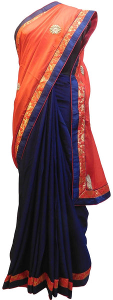 Red & Blue Designer PartyWear Bridal Crepe (Chinon) Beads Zari Thread Stone Pearl Hand Embroidery Work Wedding Saree Sari E375