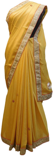 Yellow Designer PartyWear Bridal Crepe (Chinon) Beads Zari Thread Stone Pearl Hand Embroidery Work Wedding Saree Sari E377