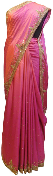 Pink Designer Wedding Partywear Silk Thread Zari Stone Cutdana Hand Embroidery Work Bridal Saree Sari E378