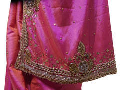Pink Designer Wedding Partywear Silk Thread Zari Stone Cutdana Hand Embroidery Work Bridal Saree Sari E378