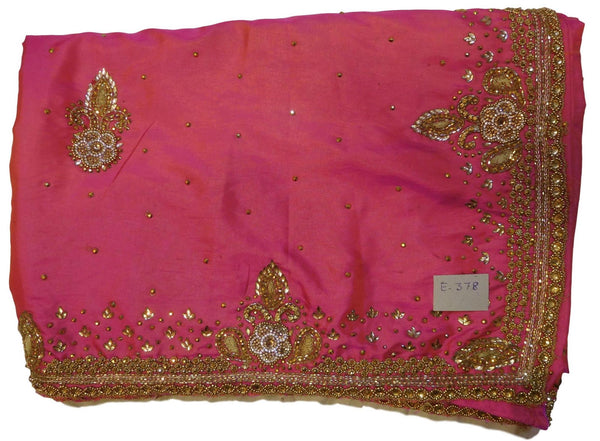 Pink Designer Wedding Partywear Silk Thread Zari Stone Cutdana Hand Embroidery Work Bridal Saree Sari E378