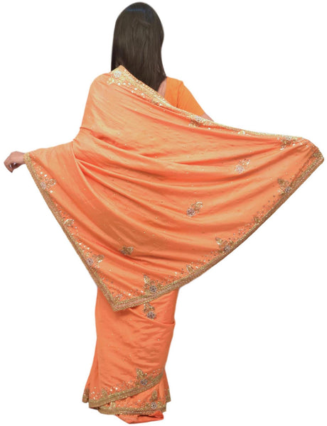 Peach Designer Wedding Partywear Silk Thread Zari Stone Cutdana Hand Embroidery Work Bridal Saree Sari E383