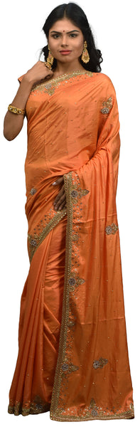 Peach Designer Wedding Partywear Silk Thread Zari Stone Cutdana Hand Embroidery Work Bridal Saree Sari E383
