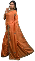 Peach Designer Wedding Partywear Silk Thread Zari Stone Cutdana Hand Embroidery Work Bridal Saree Sari E383