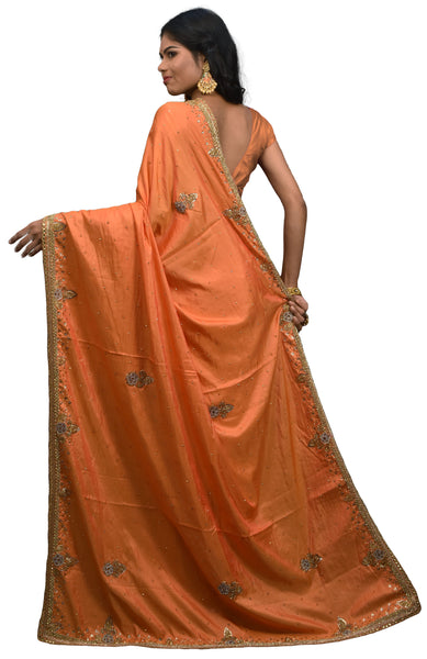 Peach Designer Wedding Partywear Silk Thread Zari Stone Cutdana Hand Embroidery Work Bridal Saree Sari E383