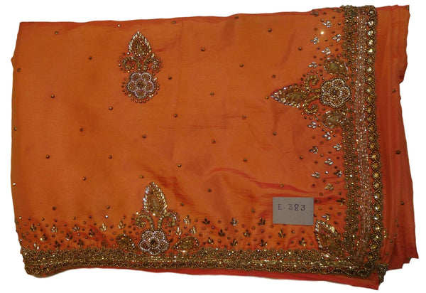 Peach Designer Wedding Partywear Silk Thread Zari Stone Cutdana Hand Embroidery Work Bridal Saree Sari E383