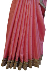 Pink Designer Wedding Partywear Satin Silk Cutdana Beads Pearl Zari Stone Hand Embroidery Work Bridal Saree Sari PSE384