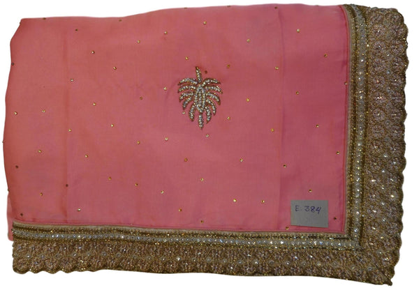 Pink Designer Wedding Partywear Satin Silk Cutdana Beads Pearl Zari Stone Hand Embroidery Work Bridal Saree Sari E384