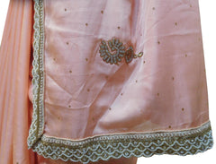 Peach Designer Wedding Partywear Satin Silk Cutdana Beads Pearl Zari Stone Hand Embroidery Work Bridal Saree Sari E387