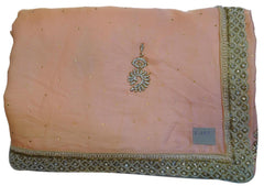 Peach Designer Wedding Partywear Satin Silk Cutdana Beads Pearl Zari Stone Hand Embroidery Work Bridal Saree Sari E387