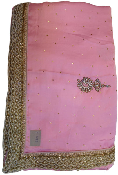 Pink Designer Wedding Partywear Satin Silk Cutdana Beads Pearl Zari Stone Hand Embroidery Work Bridal Saree Sari E388