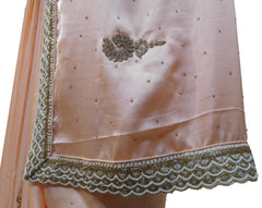 Peach Designer Wedding Partywear Satin Silk Cutdana Beads Pearl Zari Stone Hand Embroidery Work Bridal Saree Sari E389
