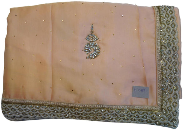 Peach Designer Wedding Partywear Satin Silk Cutdana Beads Pearl Zari Stone Hand Embroidery Work Bridal Saree Sari E389