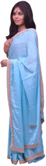 Blue Designer Wedding Partywear Satin Silk Cutdana Beads Pearl Zari Stone Hand Embroidery Work Bridal Saree Sari PSE391