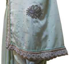 Green Designer Wedding Partywear Satin Silk Cutdana Beads Pearl Zari Stone Hand Embroidery Work Bridal Saree Sari E392
