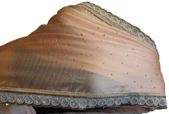 Peach Designer Wedding Partywear Satin Silk Cutdana Beads Pearl Zari Stone Hand Embroidery Work Bridal Saree Sari E393