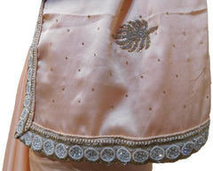 Peach Designer Wedding Partywear Satin Silk Cutdana Beads Pearl Zari Stone Hand Embroidery Work Bridal Saree Sari E393