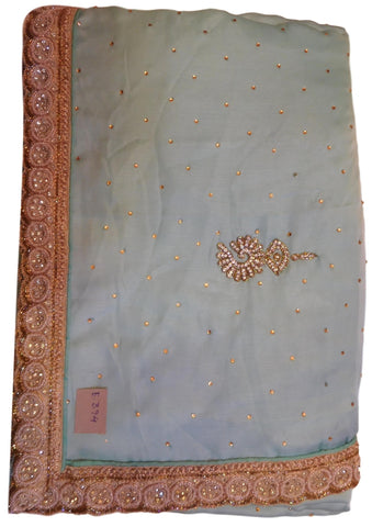 Blue Designer Wedding Partywear Satin Silk Cutdana Beads Pearl Zari Stone Hand Embroidery Work Bridal Saree Sari E394