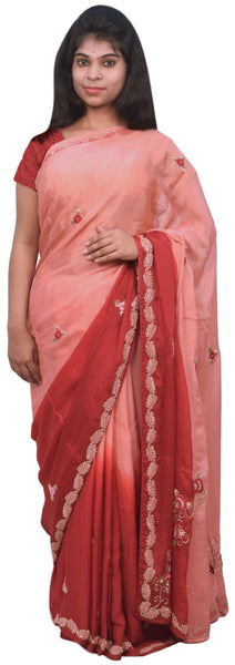 Pink & Red Designer PartyWear Bridal Crepe (Chinon) Beads Zari Thread Stone Pearl Hand Embroidery Work Wedding Saree Sari E395
