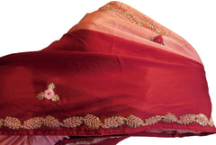Pink & Red Designer PartyWear Bridal Crepe (Chinon) Beads Zari Thread Stone Pearl Hand Embroidery Work Wedding Saree Sari E395